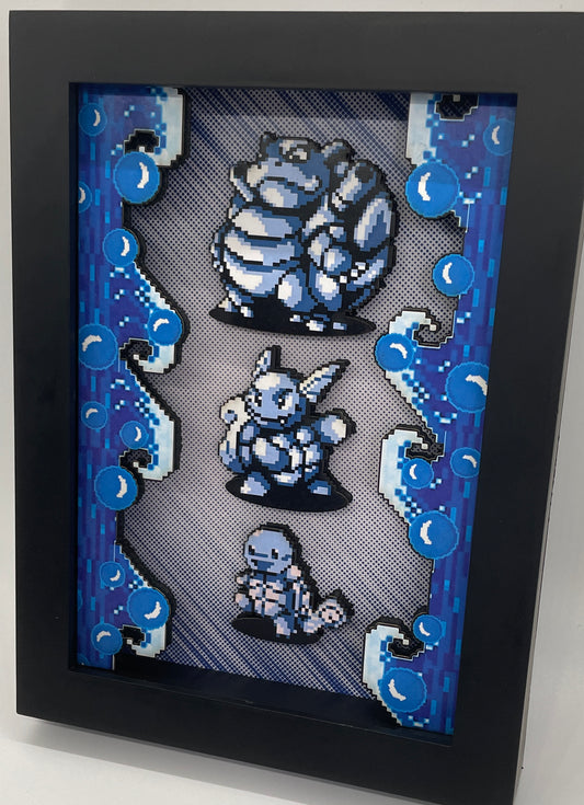 Pokemon Gameboy Water Starter - 5x7 3D Shadow Box!  Squirtle - Wartortle - Blastoise